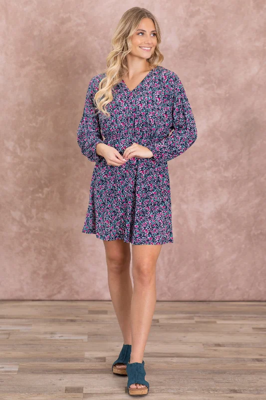 Navy Multicolor Cinch Waist Wrinkle Free Dress