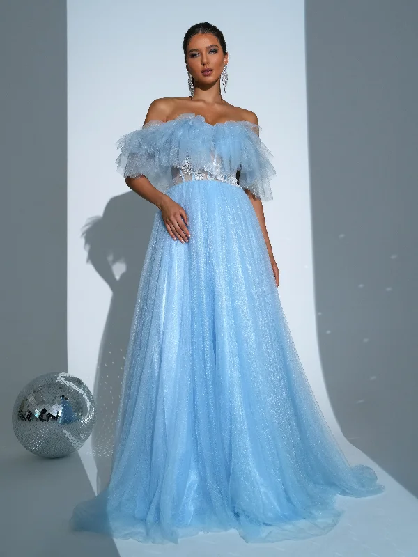 Off Shoulder Embroidered Tulle Dress GM90008