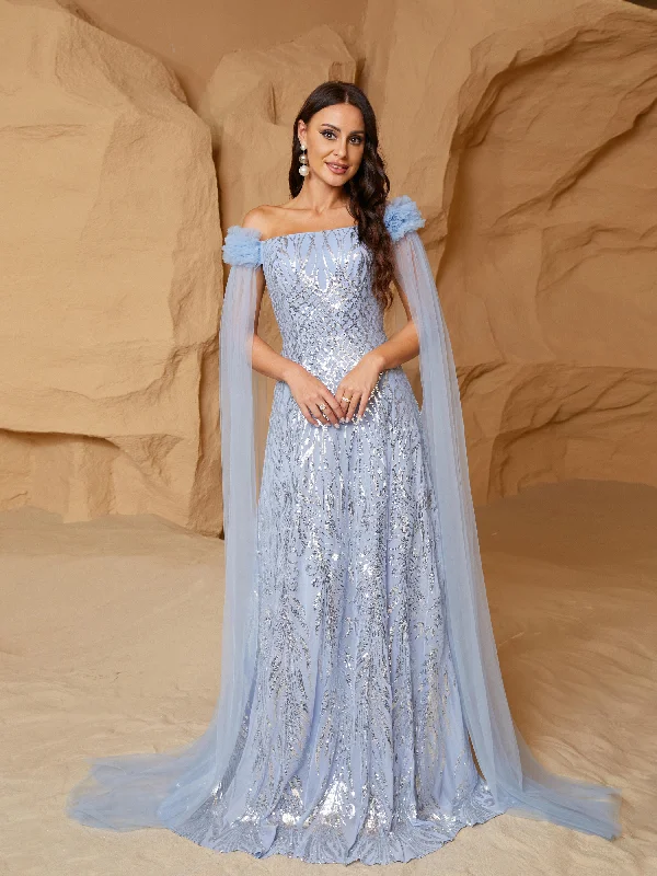 Off Shoulder Tulle Panel Sequin Blue Bridesmaid Dress RM21053