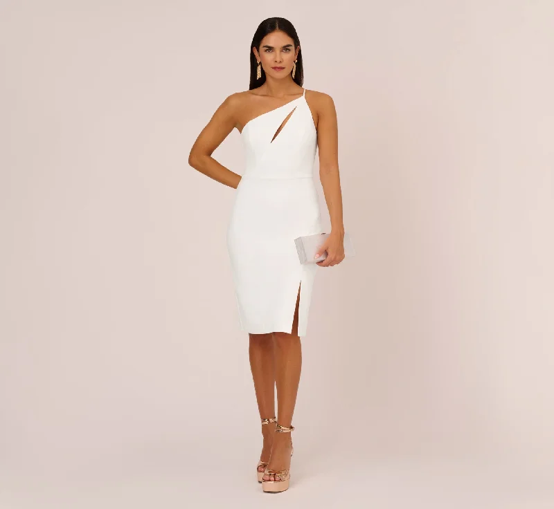 One Shoulder Crepe Dress With Cutout Neckline In Ivory