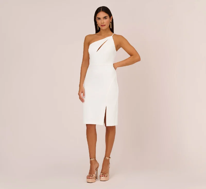 One Shoulder Crepe Dress With Cutout Neckline In Ivory