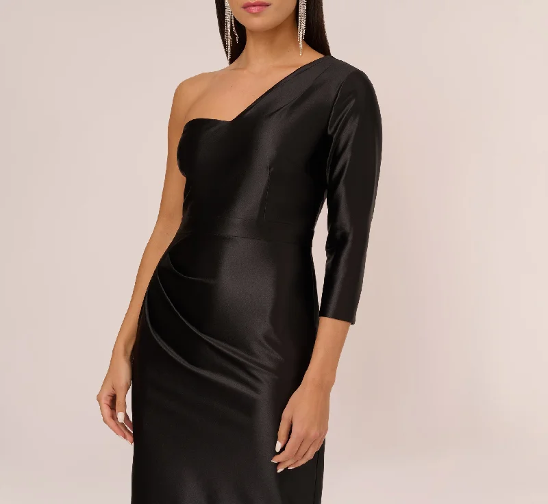 One Shoulder Satin Midi Dress With Three-Quarter Sleeve In Black