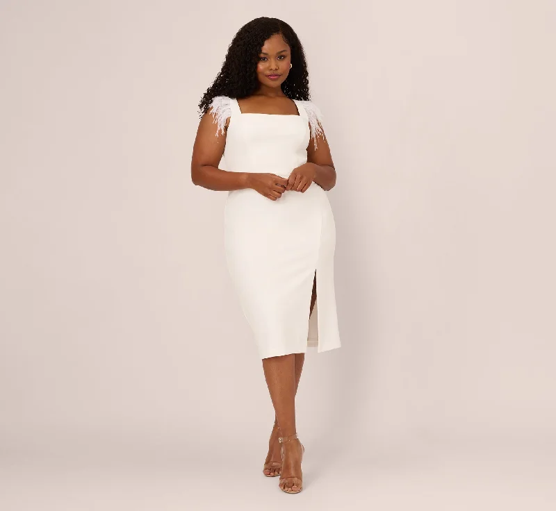 Plus Size Knit Crepe Midi Dress With Feather Shoulder Accents In Ivory