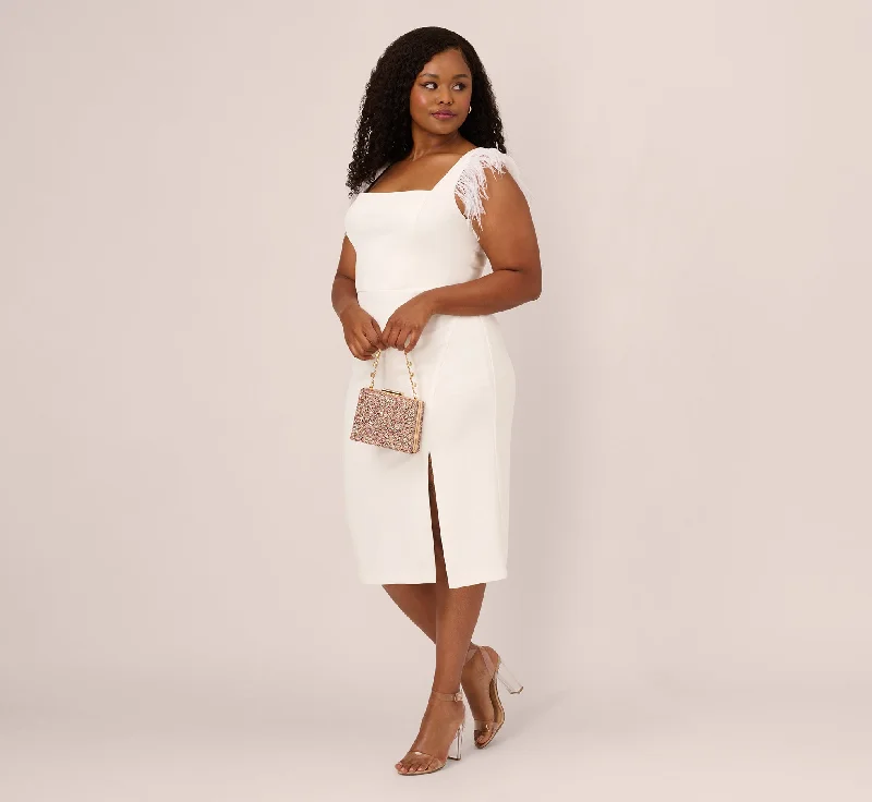 Plus Size Knit Crepe Midi Dress With Feather Shoulder Accents In Ivory