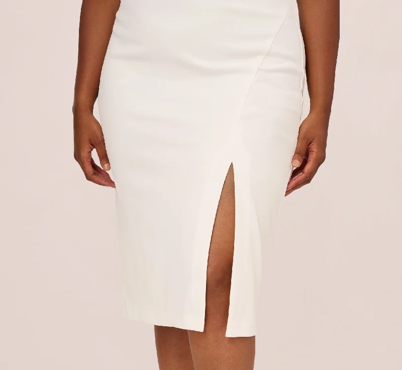 Plus Size Knit Crepe Midi Dress With Feather Shoulder Accents In Ivory