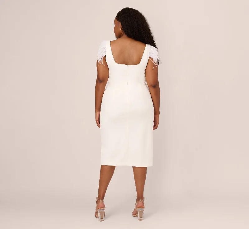 Plus Size Knit Crepe Midi Dress With Feather Shoulder Accents In Ivory