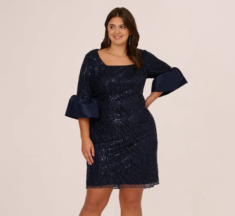 Plus Size Sequin Embroidered Dress With Taffeta Bell Sleeves In Midnight