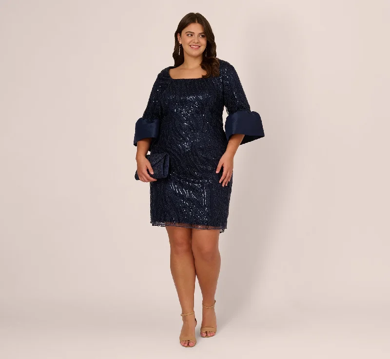 Plus Size Sequin Embroidered Dress With Taffeta Bell Sleeves In Midnight