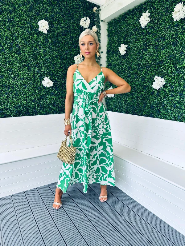 Romy Cross Over Midi Dress Floral Green