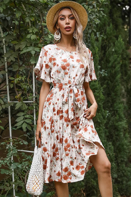 Round Neck Red Flower Print Boho Dress