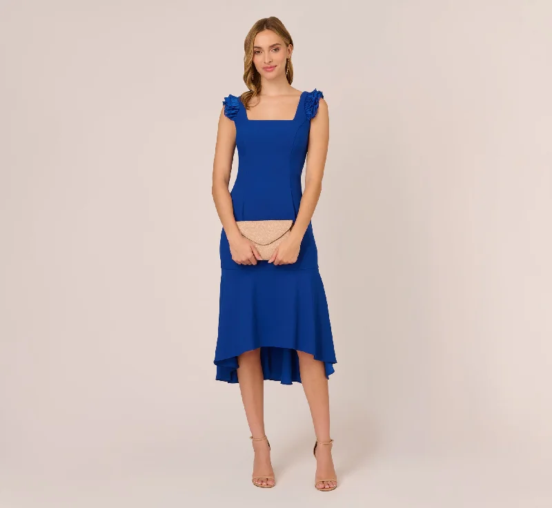 Ruffled Satin Crepe Midi-Length High/Low Cocktail Mermaid Dress In Violet Cobalt