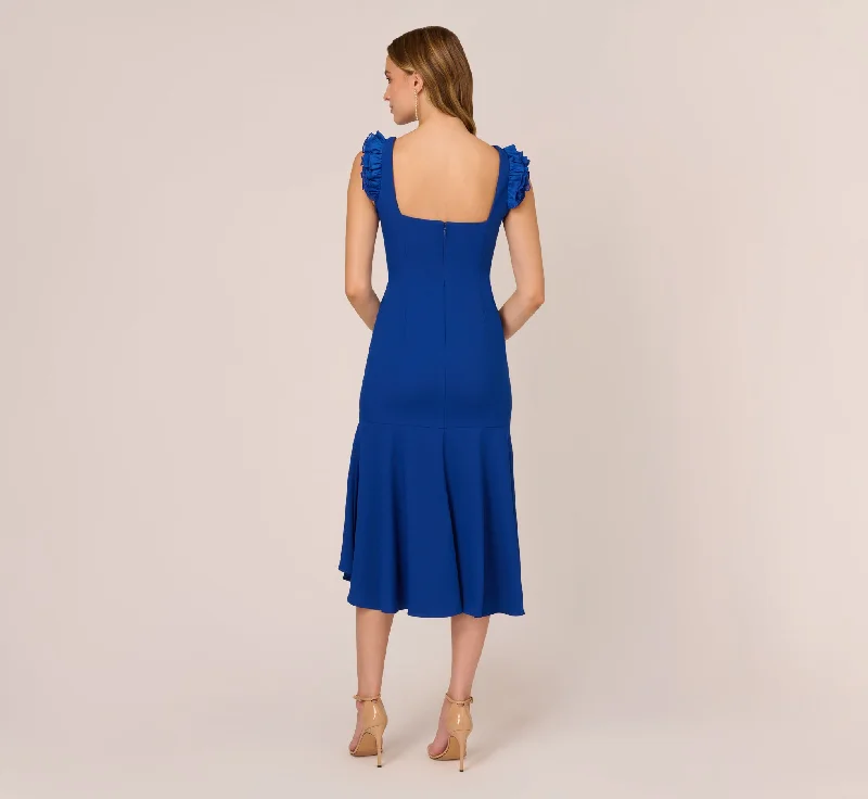 Ruffled Satin Crepe Midi-Length High/Low Cocktail Mermaid Dress In Violet Cobalt