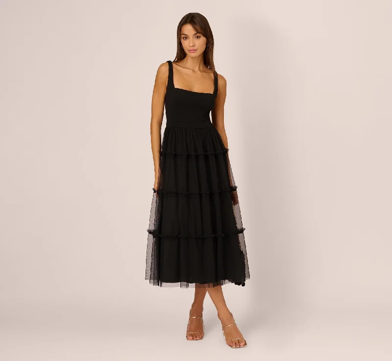 Sleeveless Midi Dress With Square Neck And Tiered Skirt In Black