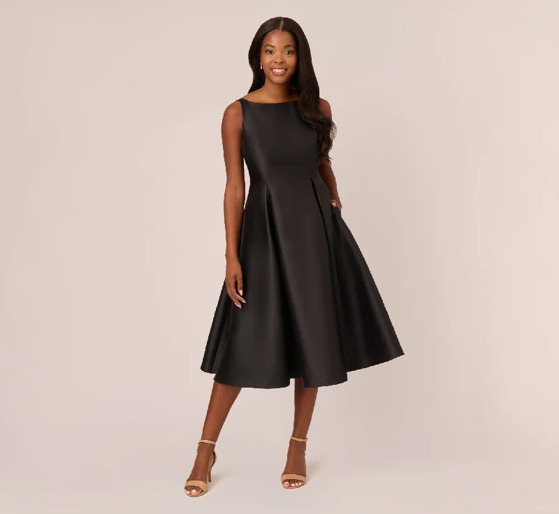 Sleeveless Mikado Fit And Flare Midi Dress With V-Back In Black