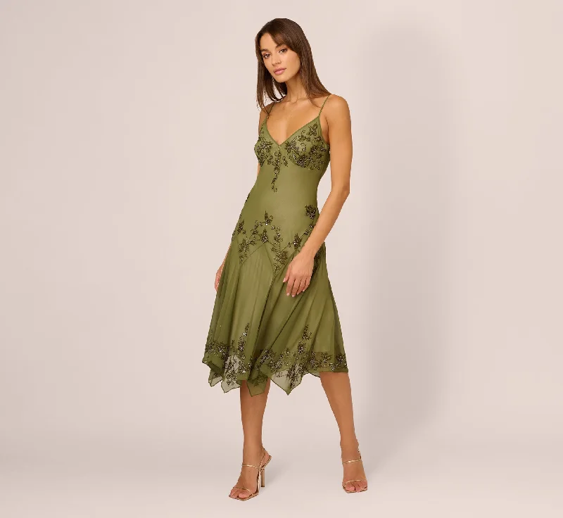 Vintage Beaded Midi Fairy Dress With Sharkbite Hem In Olive