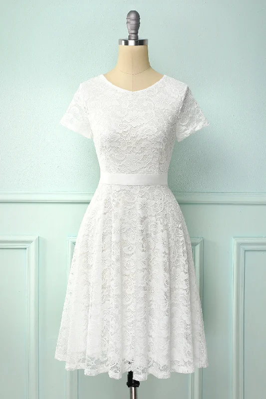 White Short Sleeves Lace Dress