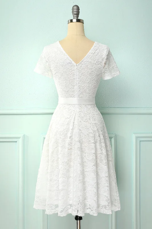 White Short Sleeves Lace Dress