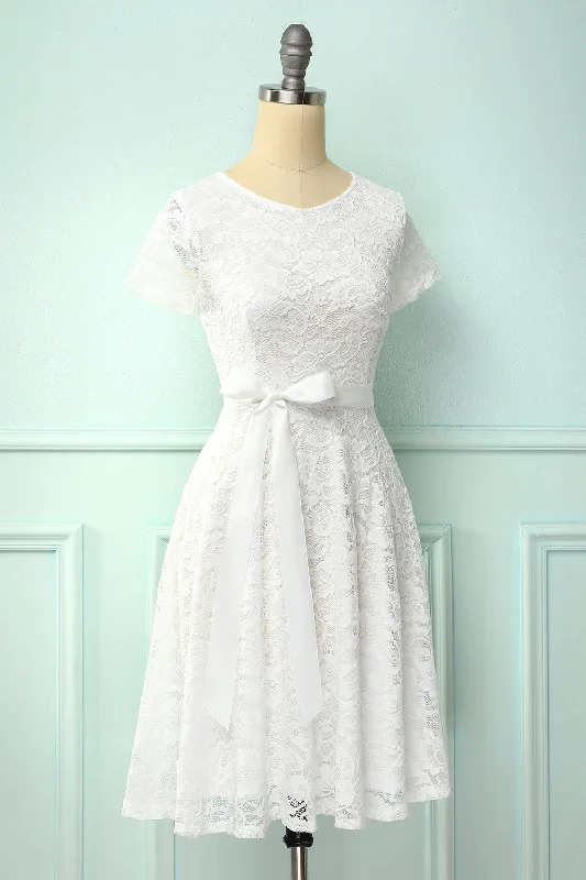 White Short Sleeves Lace Dress