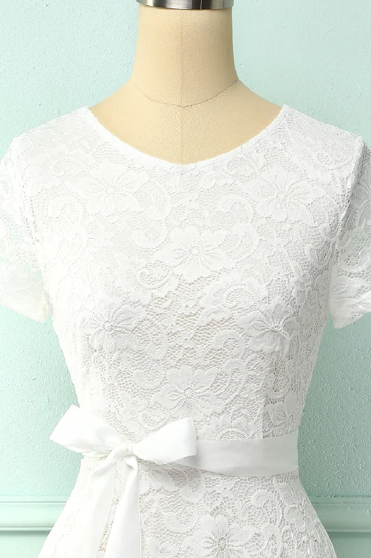 White Short Sleeves Lace Dress