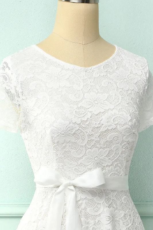 White Short Sleeves Lace Dress