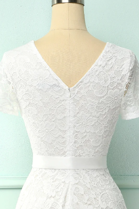 White Short Sleeves Lace Dress