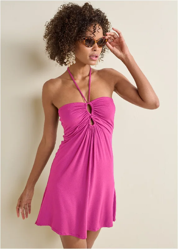 Casual halter keyhole dress - Fuchsia