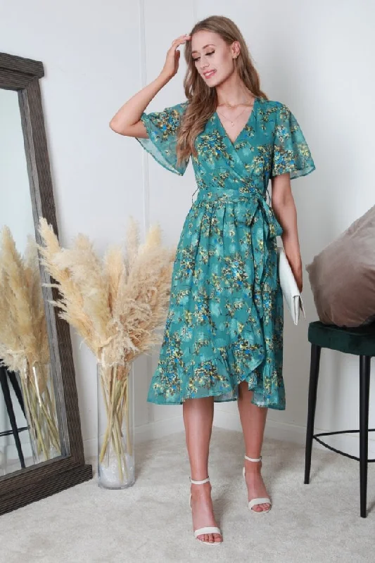 Double Second Green Printed Midi Wrap Dress