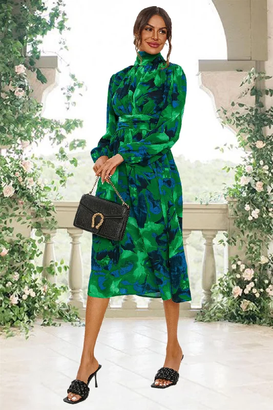 FS Collection Abstract Floral Print Long Sleeve Midi Dress In Green