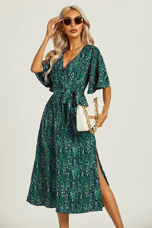 FS Collection Angel Sleeve Wrap Top Midi Dress In Green