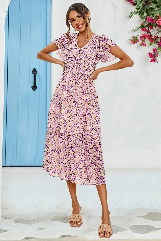 FS Collection Floral Print Angel Sleeve Midi Dress In Purple