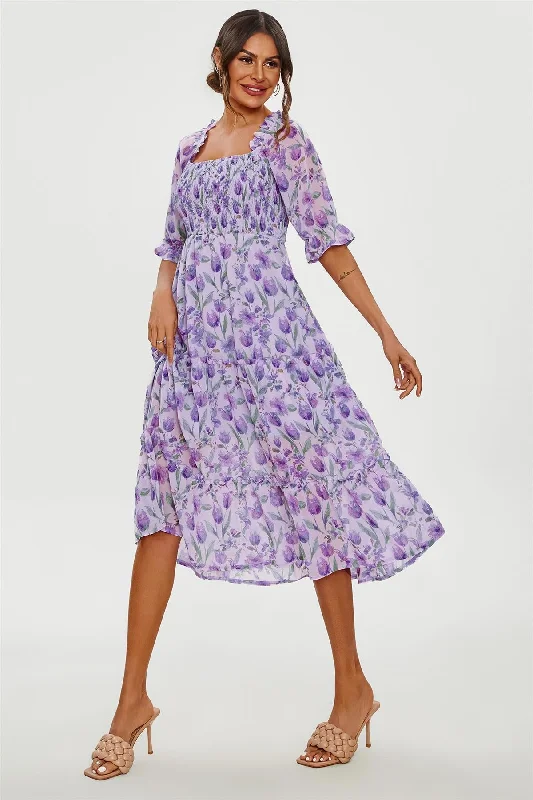 FS Collection Floral Print Bardot Puff Sleeve Elasticated Detail Midi Dress In Purple