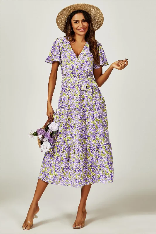 FS Collection Floral Print Hem Tiered Wrap Midi Dress In Purple