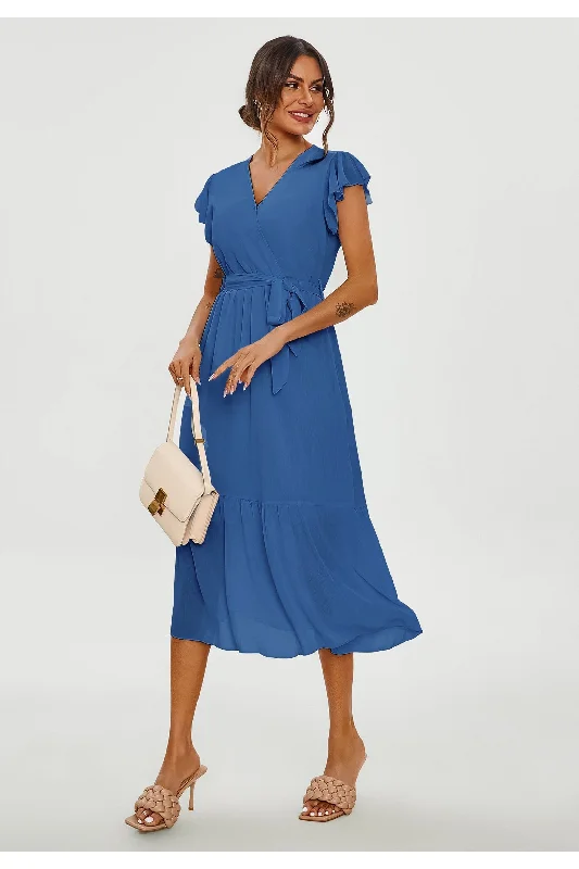 FS Collection Frill Hem Short Sleeve Midi Dress In Blue