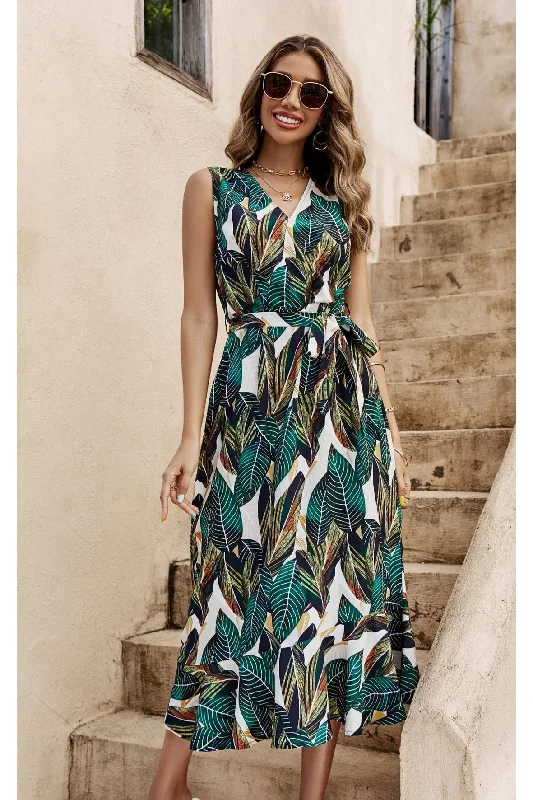 FS Collection Leaf Print Asymmetric Hem Frill Detail Midi Dress In Green