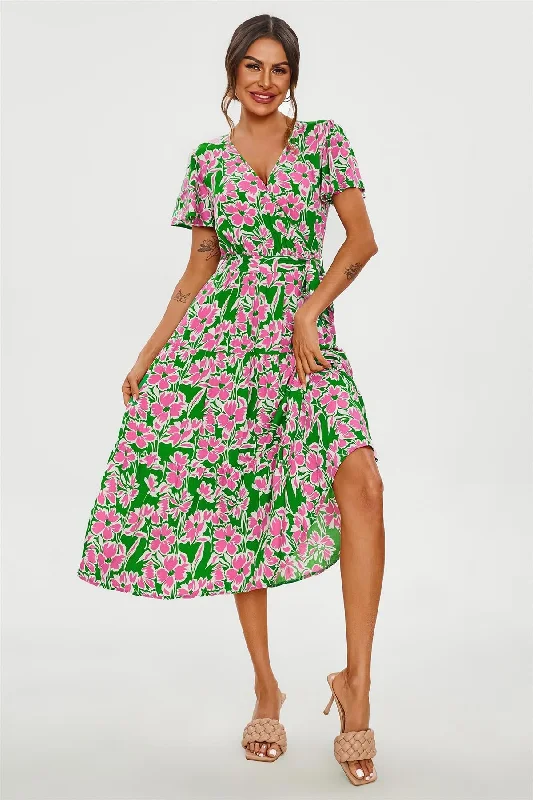 FS Collection Pink Floral Print Hem Tiered Wrap Midi Dress In Green