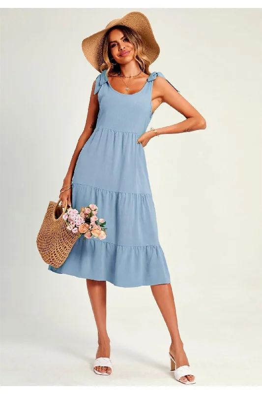 FS Collection Relaxed Linen Self Tie Shoulder Tiered Midi Dress In Light Blue