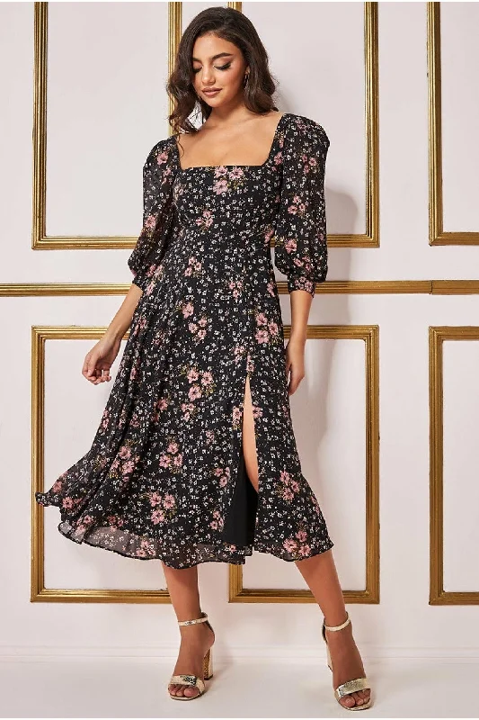 Goddiva Floral Print Shirred Back Midi Dress - Floral Print