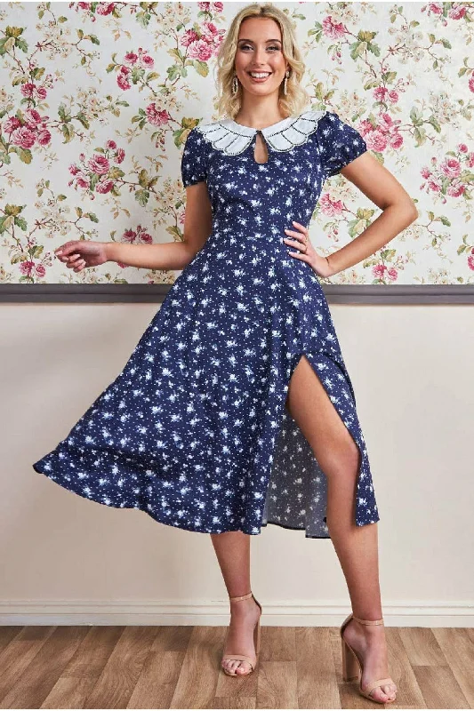 Goddiva Printed Midi With Front Split - Navy