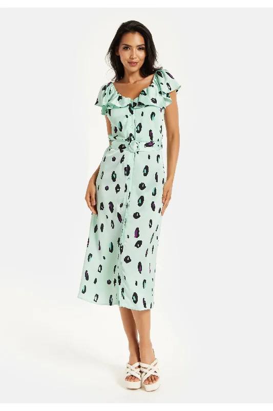 Liquorish Belted Midi Dress With Off Shoulder Sleeves In Mint Animal Print