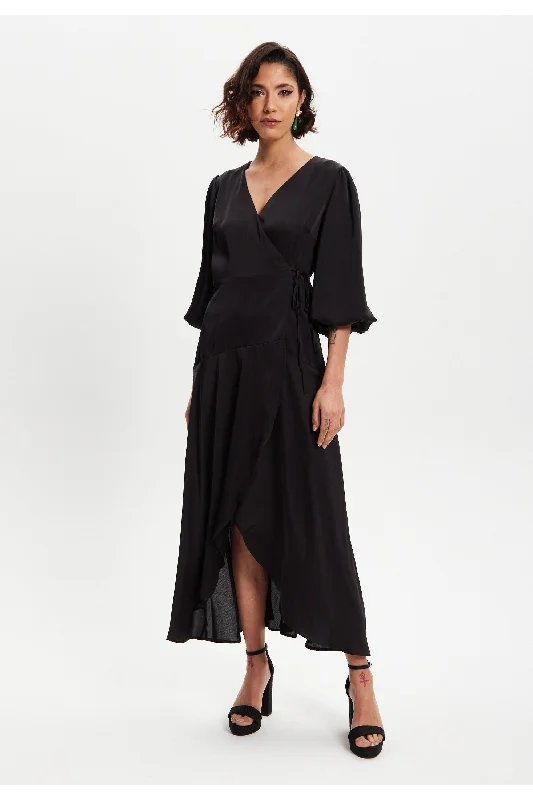 Liquorish Black Midi Wrap Dress With Short Puff Sleeves