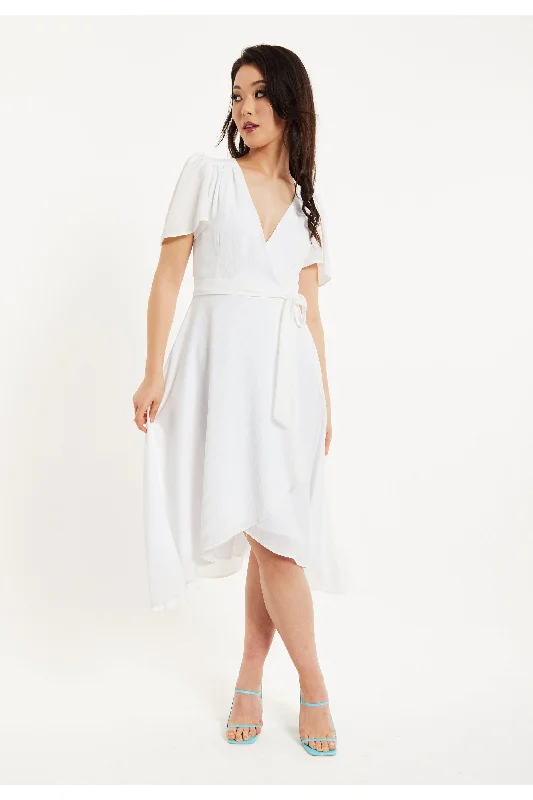 Liquorish Crepe White Angel Sleeve Midi Wrap Dress In White