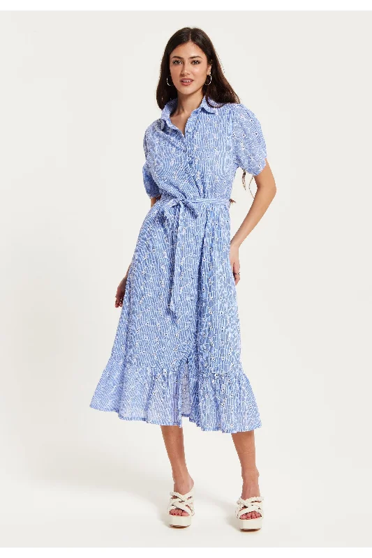 Liquorish Floral Embroidery Striped Blue Dress