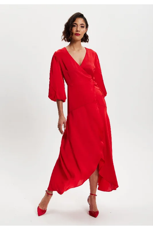 Liquorish Red Midi Wrap Dress With Short Puff Sleeves