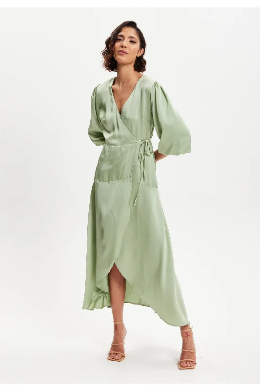 Liquorish Sage Green Midi Wrap Dress With Short Puff Sleeves