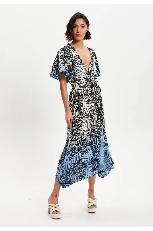 Liquorish Tropical Printed Blue Dip Dye Wrap Dress