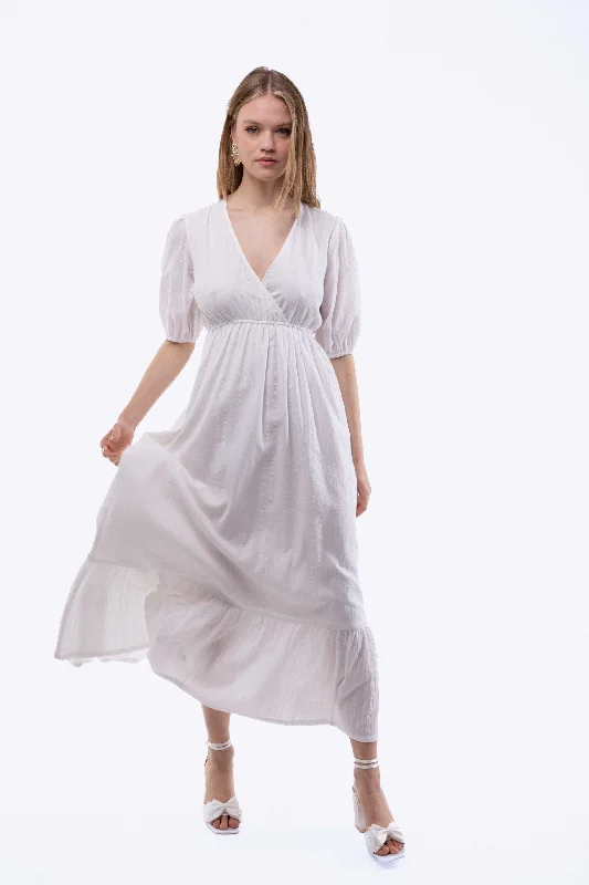 Silkroad Daughters V Neck Wrap Tiered Midi Dress