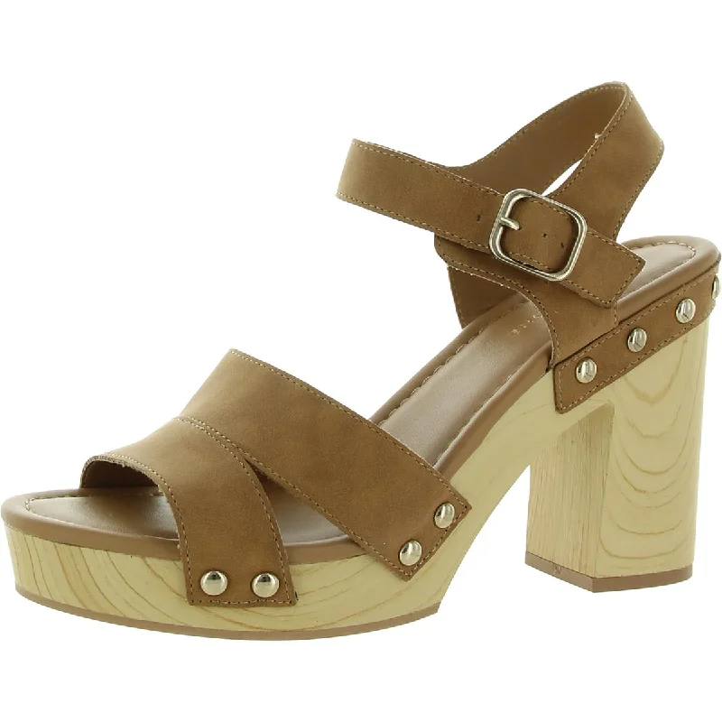 Sun + Stone Womens Delestep Faux Leather Ankle Strap Block Heels