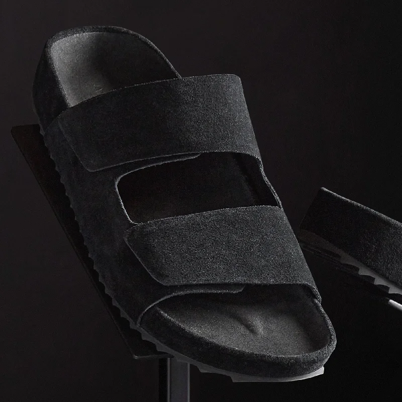 Women's Double Strap Suede Slide - Black