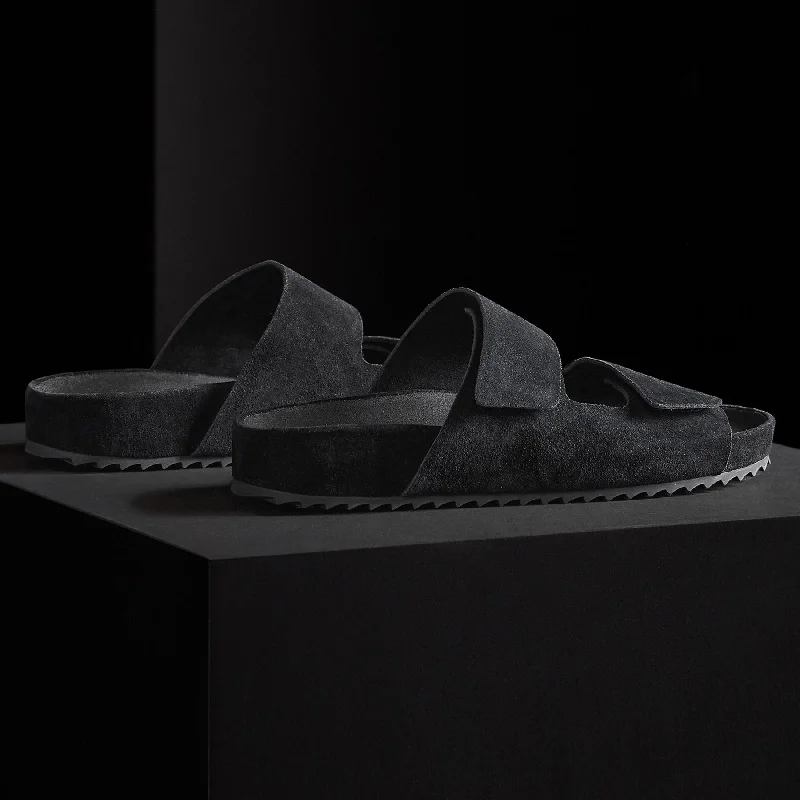 Women's Double Strap Suede Slide - Black