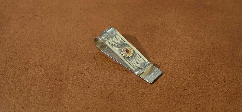 Engraved with 14K Gold Rosette & Ruby Money Clip